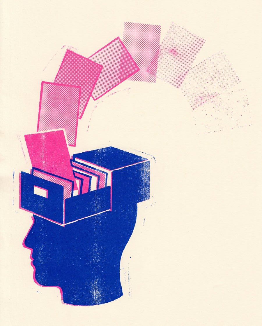 A head in profile as an open card-index cabinet, cards escaping upward