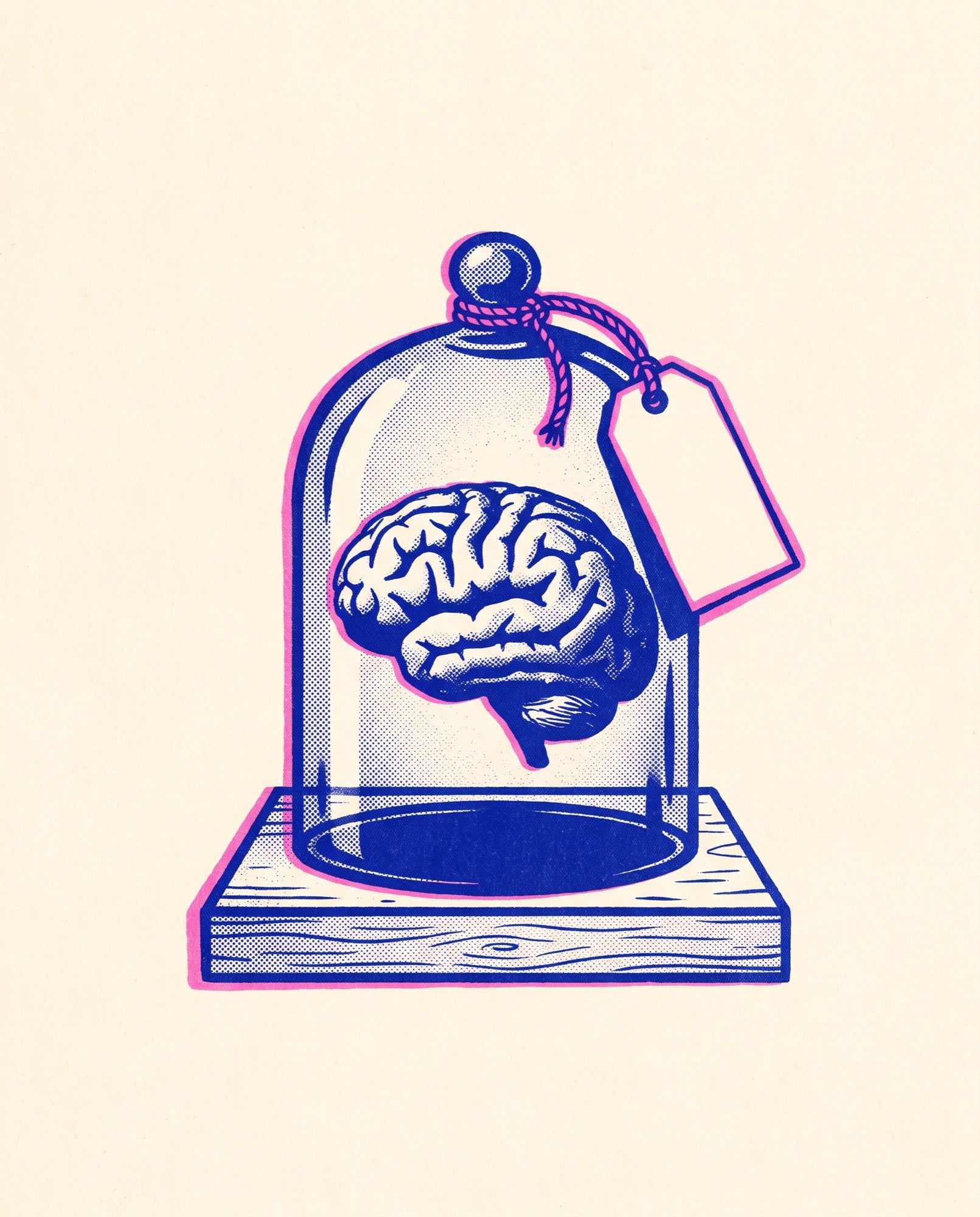 A brain under a bell jar with a blank paper tag tied to the knob