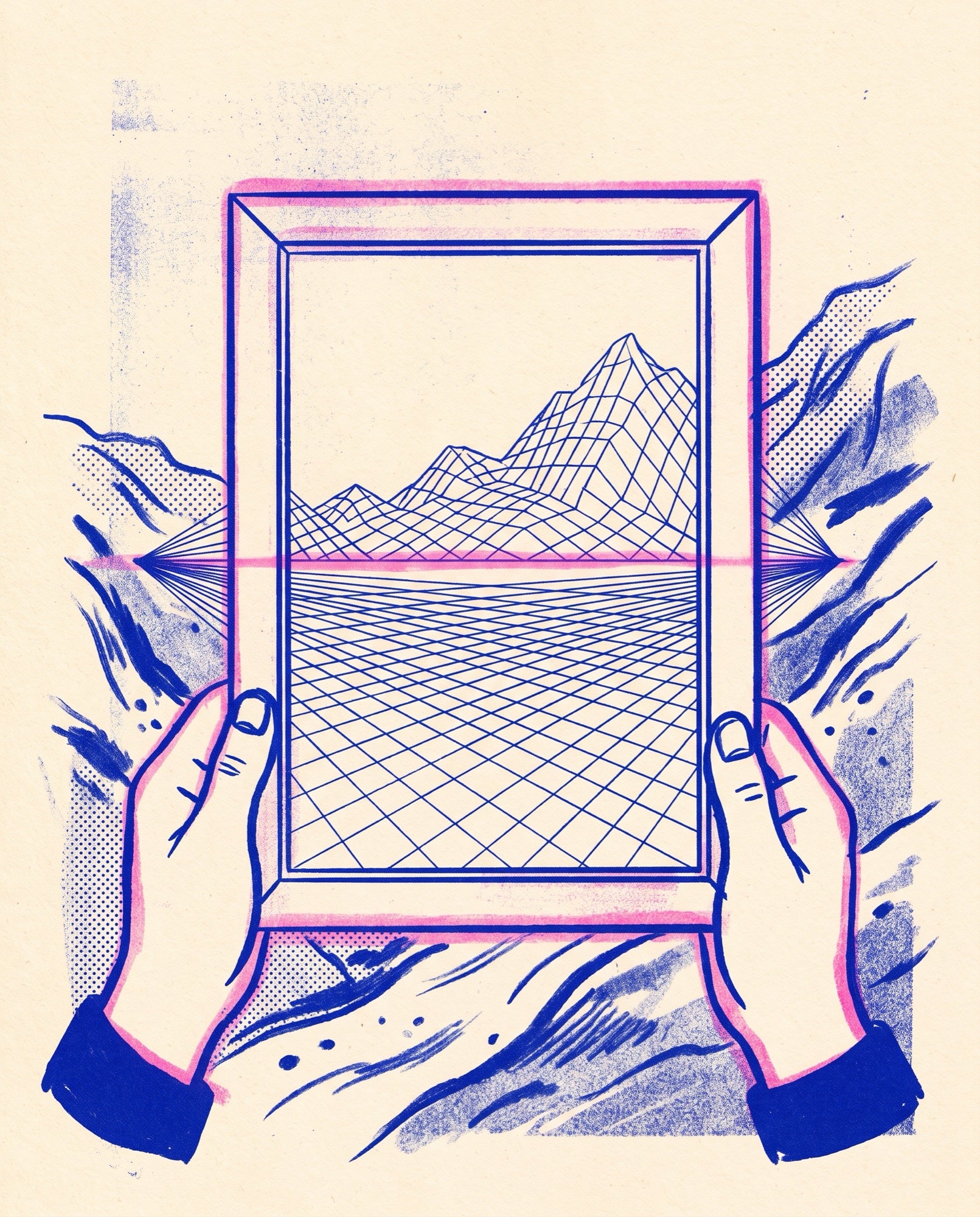 Hands holding a frame through which a landscape becomes wireframe grid