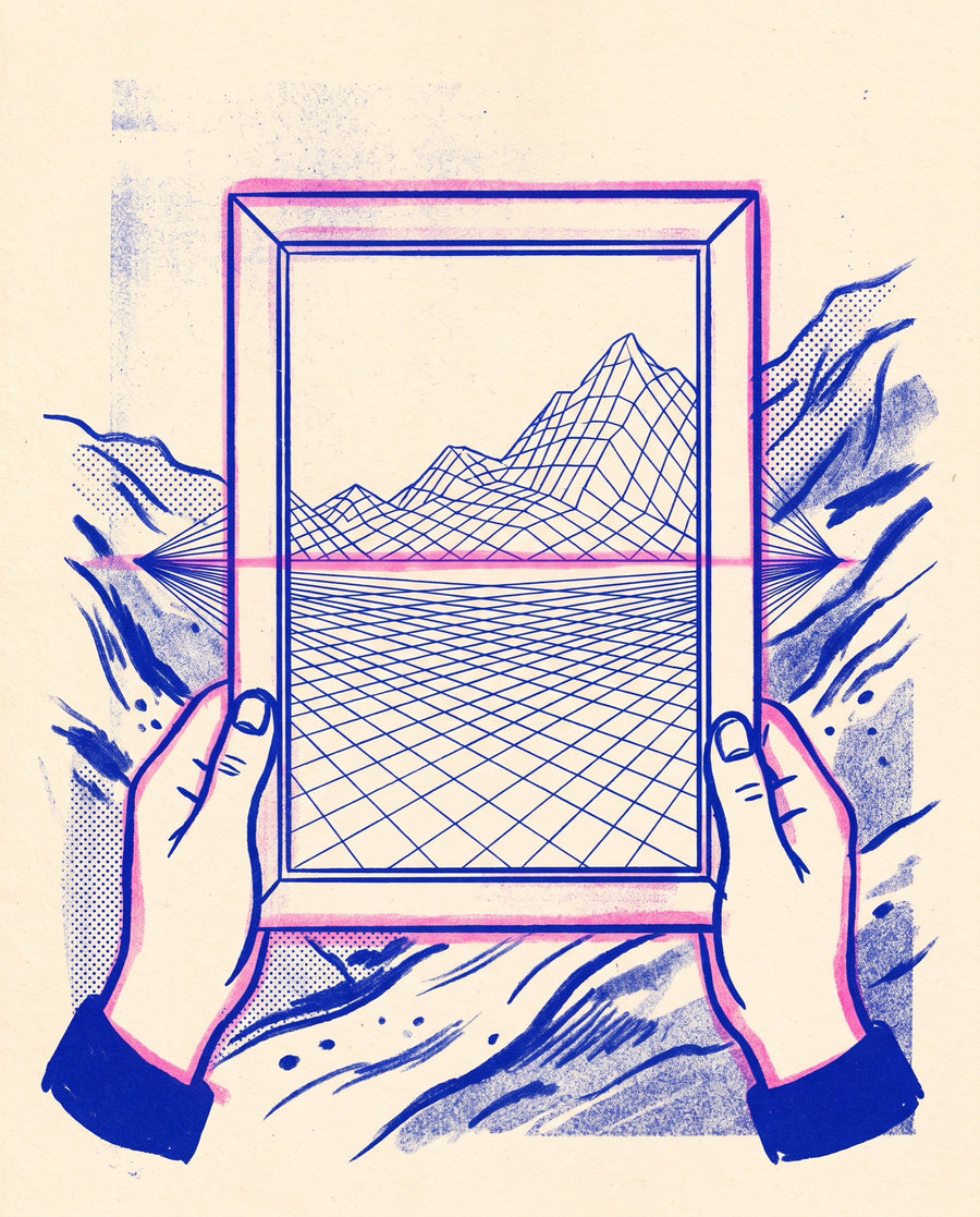 Hands holding a frame through which a landscape becomes wireframe grid